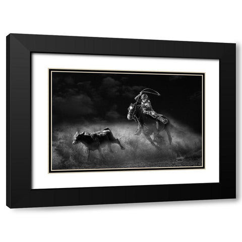 Tie Down Roping Calf Black Modern Wood Framed Art Print with Double Matting by Thwaits, Yun