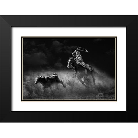 Tie Down Roping Calf Black Modern Wood Framed Art Print with Double Matting by Thwaits, Yun