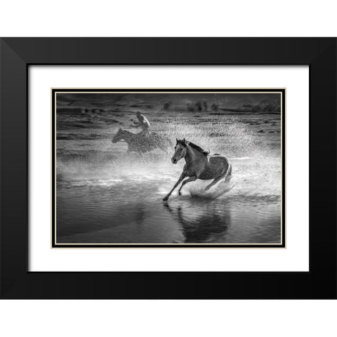 Running Horses Black Modern Wood Framed Art Print with Double Matting by Zhang, Anna