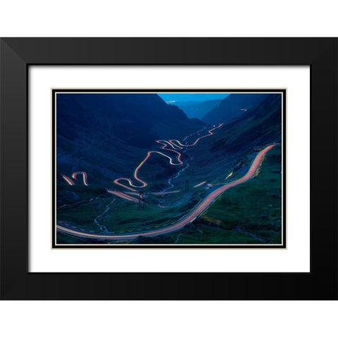 Light Trails On The Highest Mountain Road In Romania-Fagaras Mountains Black Modern Wood Framed Art Print with Double Matting by Oprea, Vio