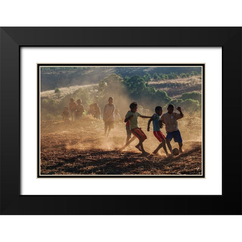 The Kids Playing Football Black Modern Wood Framed Art Print with Double Matting by Shi, Mei