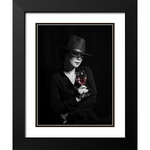 Woman And Wine Black Modern Wood Framed Art Print with Double Matting by Wang, Jeff