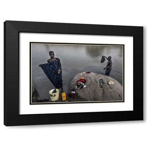 Mundari Tribe Women Cleaning Clothes In The RIVer - South Sudan Black Modern Wood Framed Art Print with Double Matting by Inazio Kuesta, Joxe