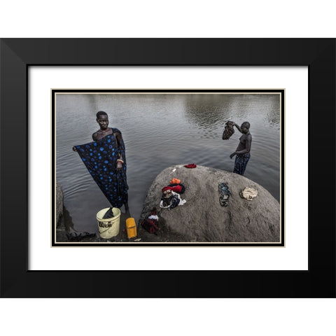 Mundari Tribe Women Cleaning Clothes In The RIVer - South Sudan Black Modern Wood Framed Art Print with Double Matting by Inazio Kuesta, Joxe