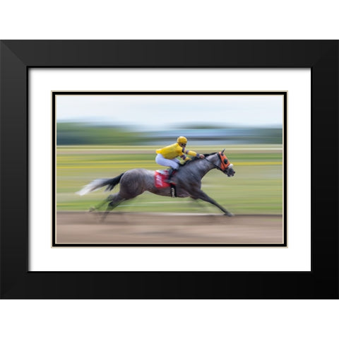 Horse Racing Black Modern Wood Framed Art Print with Double Matting by Little7