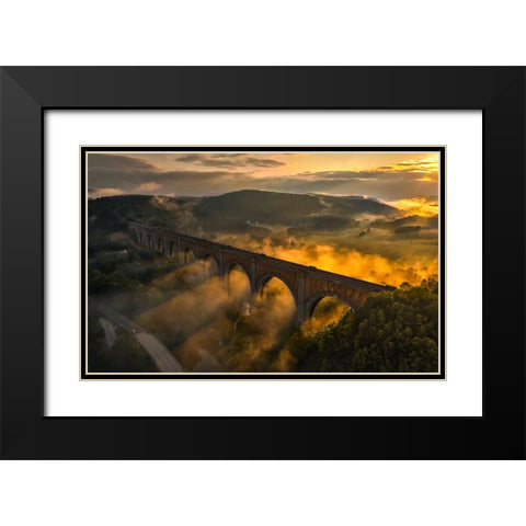 Viaduct Sunrise Black Modern Wood Framed Art Print with Double Matting by Rong, Herbert