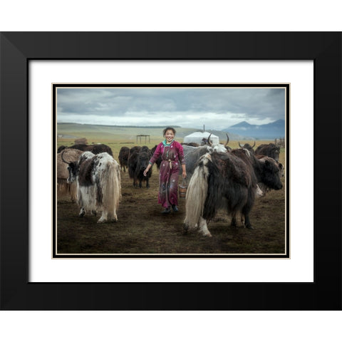 Happy Milking Black Modern Wood Framed Art Print with Double Matting by Ma, Frank