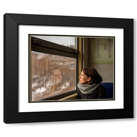 Lady In A Train Black Modern Wood Framed Art Print with Double Matting by Golani, Aharon