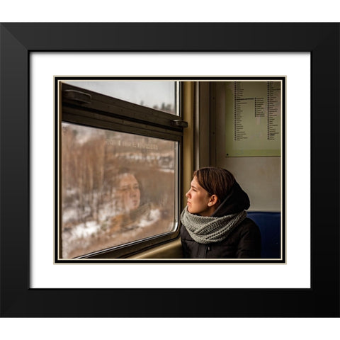 Lady In A Train Black Modern Wood Framed Art Print with Double Matting by Golani, Aharon