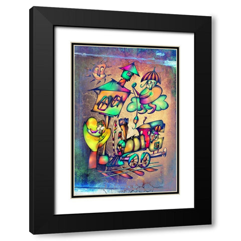 The umbrella man catches the locomotive Black Modern Wood Framed Art Print with Double Matting by Kulik, Rafal