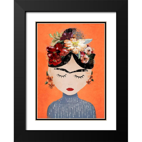 Frida (Orange Version) Black Modern Wood Framed Art Print with Double Matting by Treechild