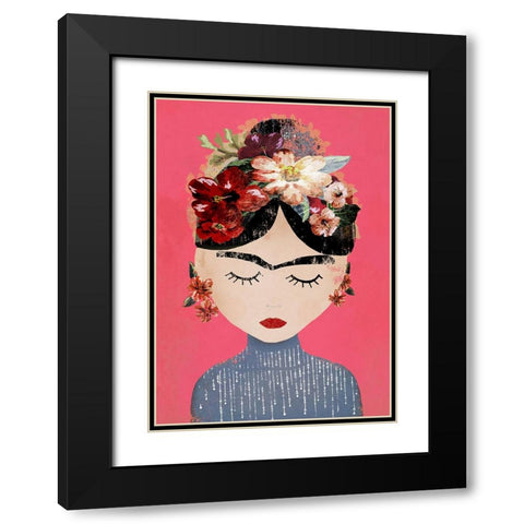 Frida (Pink Version) Black Modern Wood Framed Art Print with Double Matting by Treechild