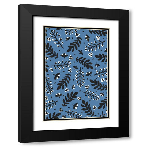 Branches And Berries (Blue) Black Modern Wood Framed Art Print with Double Matting by Treechild
