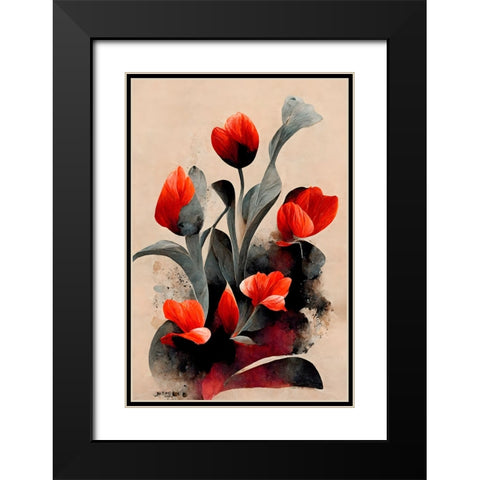Red Tulips Black Modern Wood Framed Art Print with Double Matting by Treechild