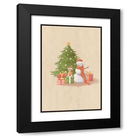 Snowman And Cat Black Modern Wood Framed Art Print with Double Matting by Thai, Xuan
