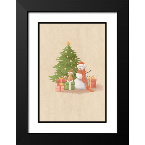 Snowman And Cat Black Modern Wood Framed Art Print with Double Matting by Thai, Xuan