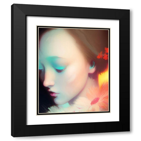 Girl with Daisies Black Modern Wood Framed Art Print with Double Matting by Day, Ruth