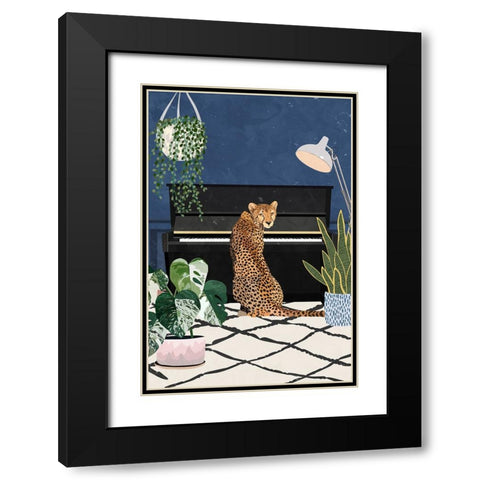 Cheetah playing piano Black Modern Wood Framed Art Print with Double Matting by Manovski, Sarah