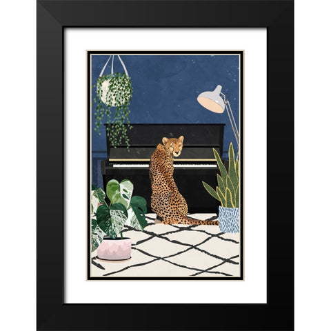 Cheetah playing piano Black Modern Wood Framed Art Print with Double Matting by Manovski, Sarah