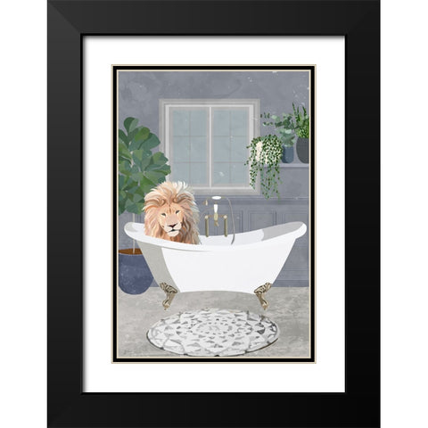 Lion takes a bath Black Modern Wood Framed Art Print with Double Matting by Manovski, Sarah