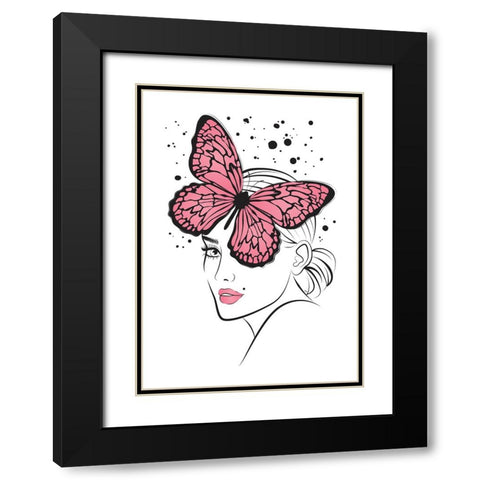 Butterfly Girl Pink Black Modern Wood Framed Art Print with Double Matting by Martina