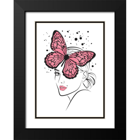 Butterfly Girl Pink Black Modern Wood Framed Art Print with Double Matting by Martina