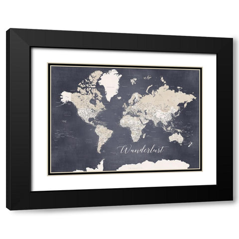 Wanderlust World Map Glyn Black Modern Wood Framed Art Print with Double Matting by Laiz Blursbyai, Rosana