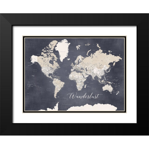 Wanderlust World Map Glyn Black Modern Wood Framed Art Print with Double Matting by Laiz Blursbyai, Rosana