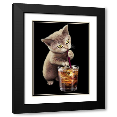 Cat and Soft Drink Black Modern Wood Framed Art Print with Double Matting by Lawless, Adam