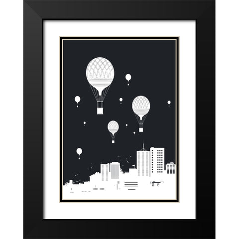 Balloons and the city Black Modern Wood Framed Art Print with Double Matting by Solti, Balazs