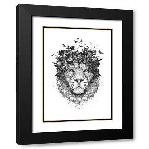 Floral lion (bw) Black Modern Wood Framed Art Print with Double Matting by Solti, Balazs