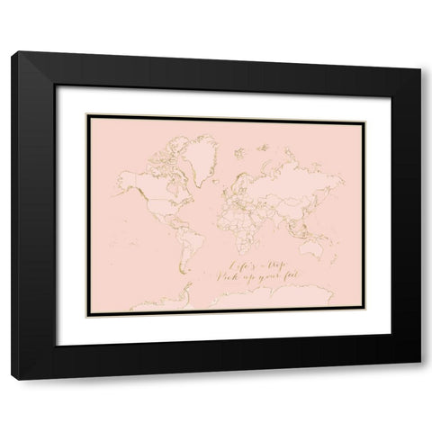 Inspirational pink and gold world map Black Modern Wood Framed Art Print with Double Matting by Laiz Blursbyai, Rosana