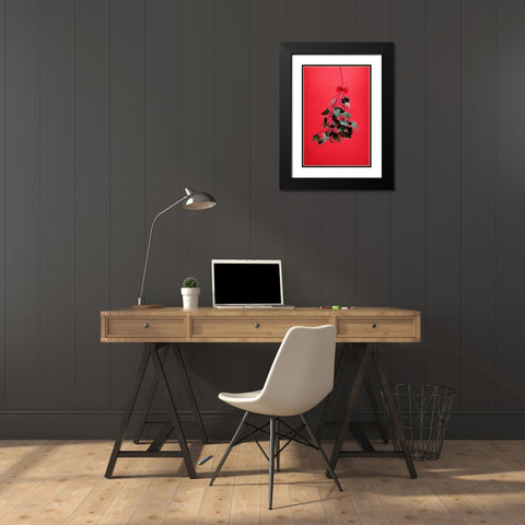 Mistletoe With Red Bow Black Modern Wood Framed Art Print with Double Matting by Treechild