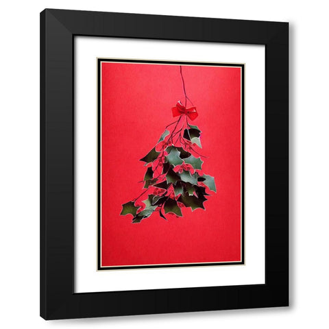 Mistletoe With Red Bow Black Modern Wood Framed Art Print with Double Matting by Treechild