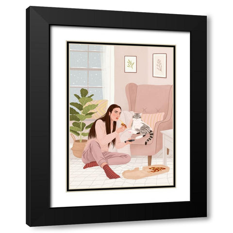 Pizza Night Black Modern Wood Framed Art Print with Double Matting by Holikova, Petra