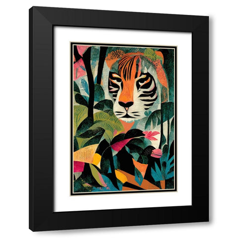 Jungle Tiger Black Modern Wood Framed Art Print with Double Matting by Treechild