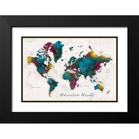 Charleena world map with cities - Adventure awaits Black Modern Wood Framed Art Print with Double Matting by Laiz Blursbyai, Rosana