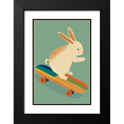 Bunny On Skateboard Black Modern Wood Framed Art Print with Double Matting by Treechild