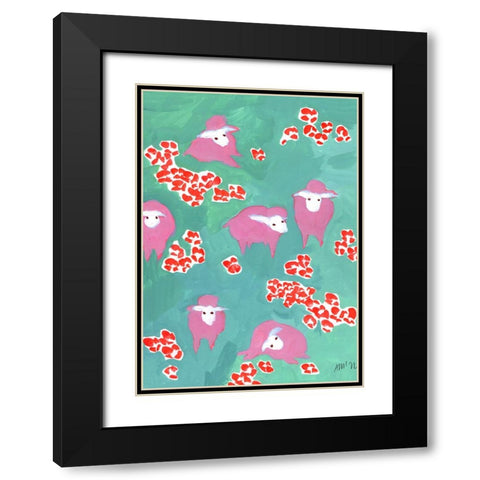 Pink Sheep On A Green Meadow Black Modern Wood Framed Art Print with Double Matting by Zwara, Ania