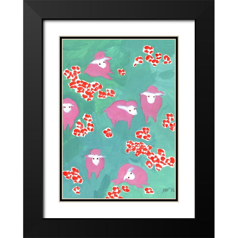 Pink Sheep On A Green Meadow Black Modern Wood Framed Art Print with Double Matting by Zwara, Ania
