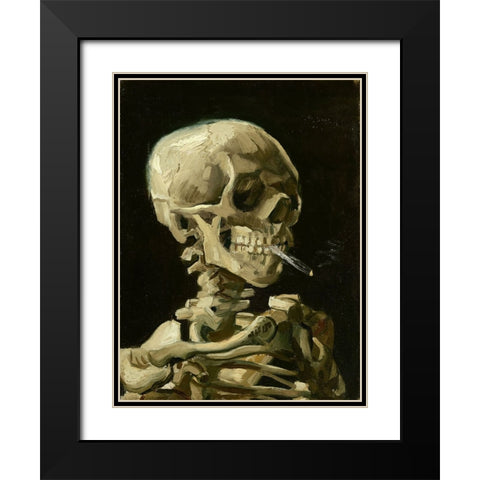 Head of a skeleton with a burning cigarette Black Modern Wood Framed Art Print with Double Matting by Pictufy