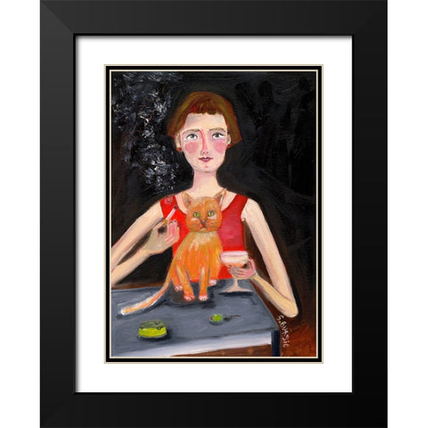 Vintage woman with cocktail and cat Black Modern Wood Framed Art Print with Double Matting by Bursic, Sharyn