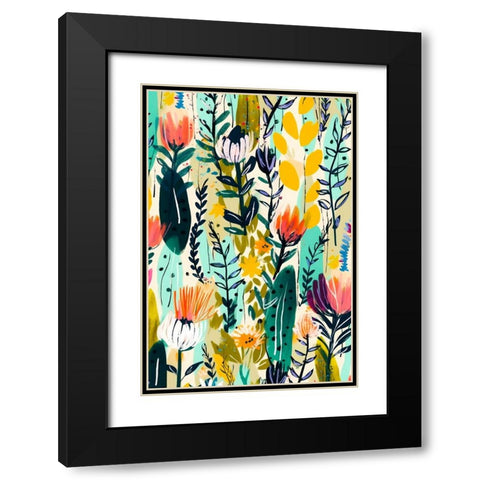 Rain Of Flowers Black Modern Wood Framed Art Print with Double Matting by Treechild