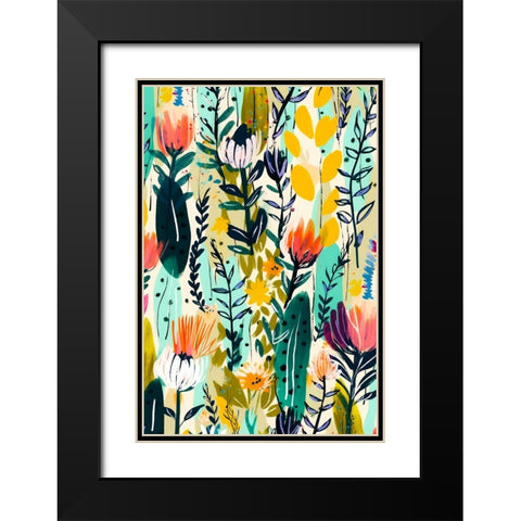 Rain Of Flowers Black Modern Wood Framed Art Print with Double Matting by Treechild