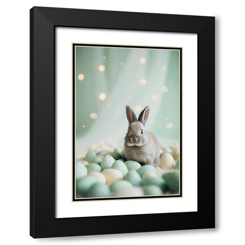 Bunny and Pastel Eggs Black Modern Wood Framed Art Print with Double Matting by Treechild
