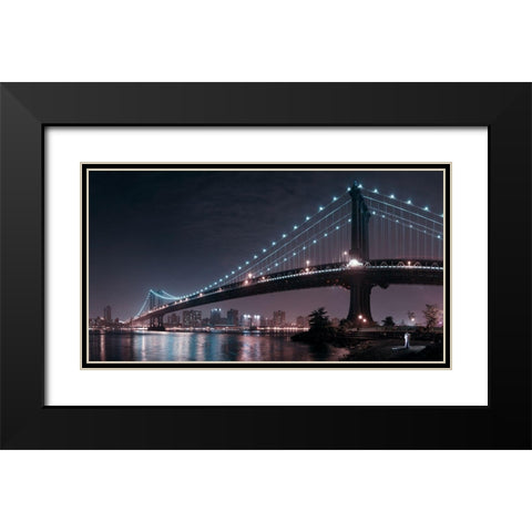 The 2 Lovers Under Manhattan Bridge Black Modern Wood Framed Art Print with Double Matting by Bravin, Fabien