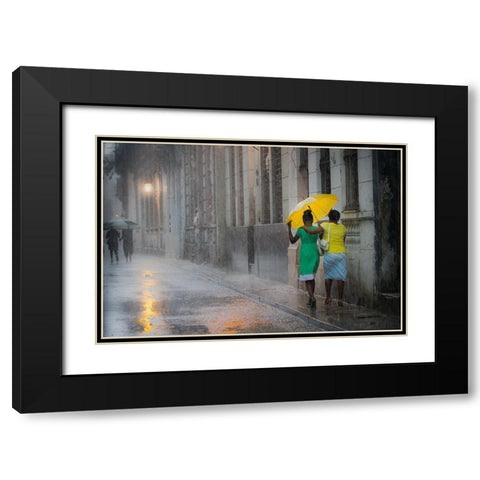 Yellow Umbrella (Rainy Day In Havana) Black Modern Wood Framed Art Print with Double Matting by Willyams, Paul
