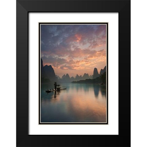 Li River Sunrise Black Modern Wood Framed Art Print with Double Matting by Zhang, Yan
