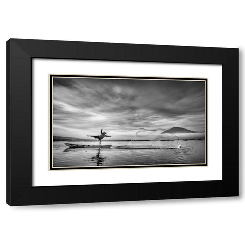 Man Behind The Nets Black Modern Wood Framed Art Print with Double Matting by Siswandhono, Arief