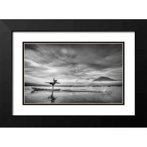 Man Behind The Nets Black Modern Wood Framed Art Print with Double Matting by Siswandhono, Arief